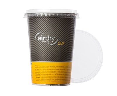 The Airdry CUP uses a combination paperboard-plastic package, that provides material reduction and high-quality printing.