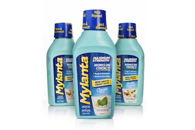 Mylanta updates include a sleek, tapered bottle in a teal mint color, Indents on both sides to improve grip, a clarified polypropylene dosage cup that snaps over the bottle cap, and a debossed cup with the Mylanta name to discourage unintended use.