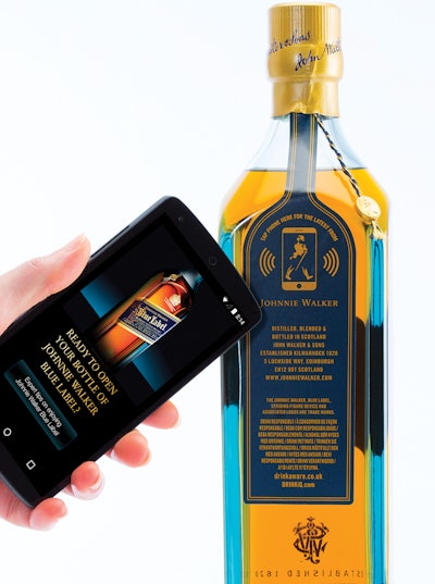 In the Diageo Johnny Walker connected smart bottle supplied by Thinfilm, NFC technology detects if a bottle is sealed or opened and sends offers and exclusive content to a consumer’s smartphone.
