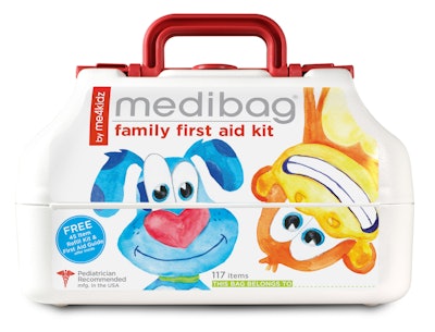 Colorful, friendly characters with smiling faces populate the Medibag First Aid Kit to reassure injured kids.