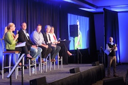 At Digital Printing Spectrum 2017 hosted by Domino Digital Printing, a Q&A panel discussion included (from left to right) Lynn Perenic, Argent Tape & Label; Scott Fisher, Smyth Companies; Kevin Hayes, Outlook Group; Mark Turk, Intl. Label & Printing; and Sharon Zampogna, McCourt Label.