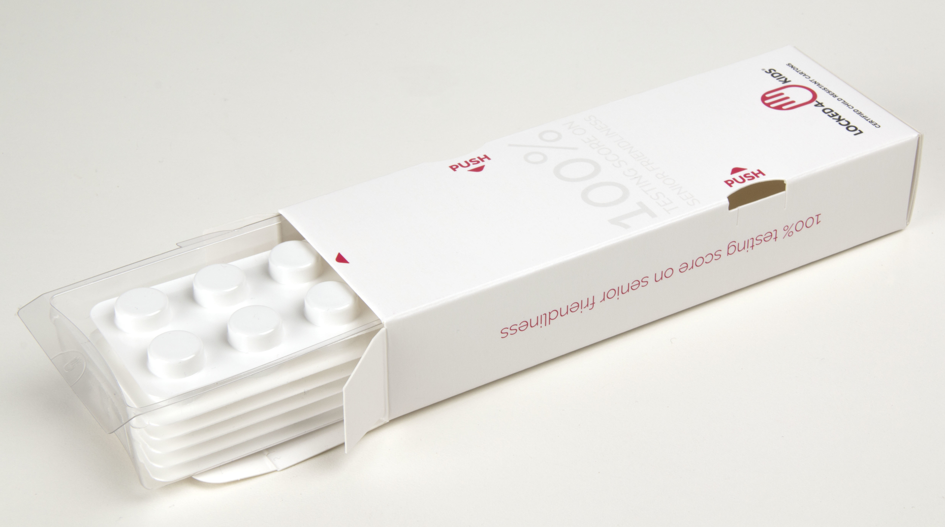 This Locked4Kids package includes an outer folding carton with a tray that slides out much like a drawer.