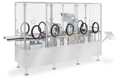 Aseptic filling, stoppering and capping machine for vials
