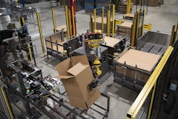For case erecting and sealing, the robot’s end effector lifts open a case before presenting it to the bottom tape operation.