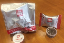 One of two compression molding systems Mitaca uses to self-manufacture about 85% of the single-serve coffee capsules it produces. The firm makes both the MPS variety (A), 15 of which go into flexible-film secondary packaging, and the IES variety (B), each of which gets its own flexible film secondary packaging.
