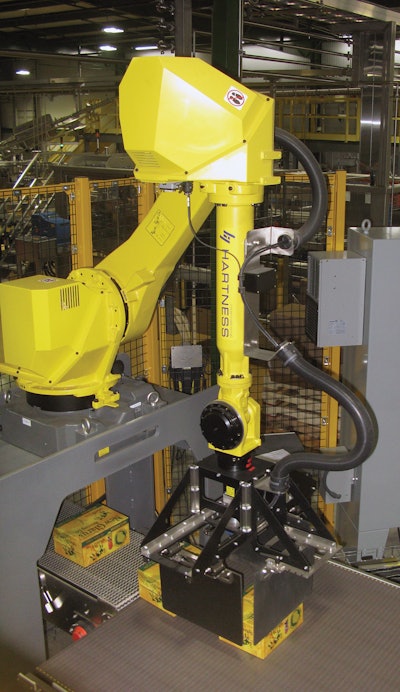 Near the end of the line, one robot forms pallet layers by using its compression gripper to move pairs of packs around on the conveyor.