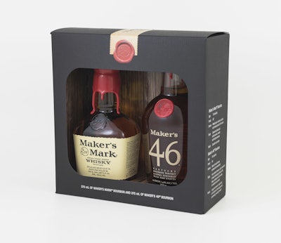 A gift pack for Maker’s Mark bourbon whisky features a wood-grained insert, a paper strip stamp, and a wax seal.