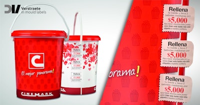 With three removable discount coupons on the IML label, the buckets can be reused up to three times in the cinema.
