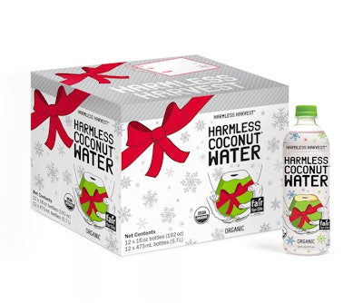 Organic coconut water company Harmless Harvest has released limited-edition packaging for the holiday season.