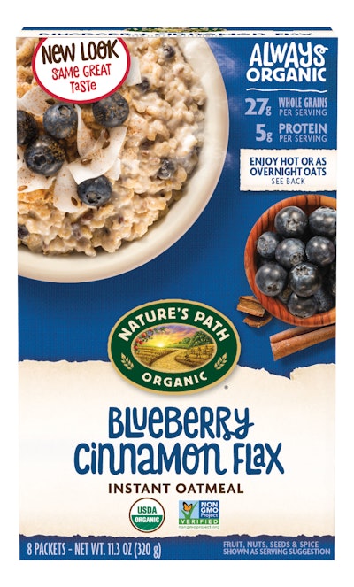 In December 2017, Nature's Path introduced a bright new look for its brands, including this Blueberry Cinnamon Flax instant oatmeal package.