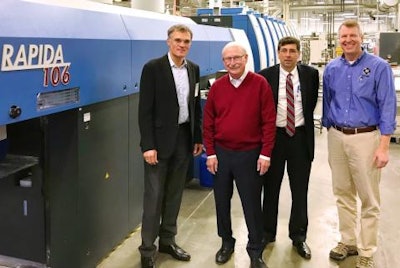 Shown from left: Koenig & Bauer Presient and CEO Claus Bolza-Schünemann; Jim Hammer, President, Hammer Packaging; Edward Heffernan, KBA North America Sales Manager; and Hart Swisher, Hammer Chief Research and Innovation Director.