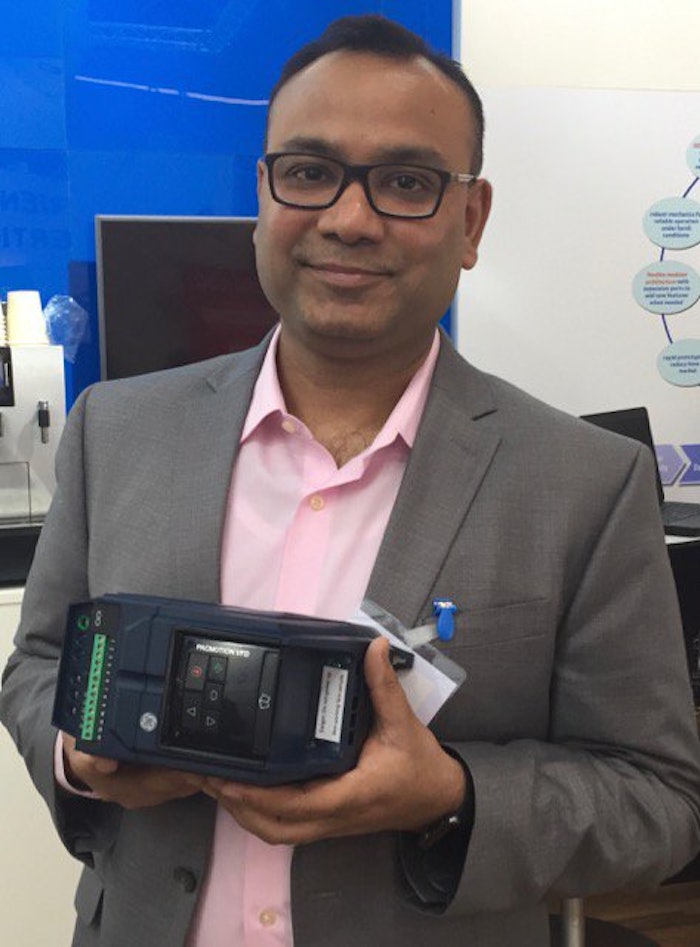 GE's Vibhoosh Gupta with the new PACMotion VFD.