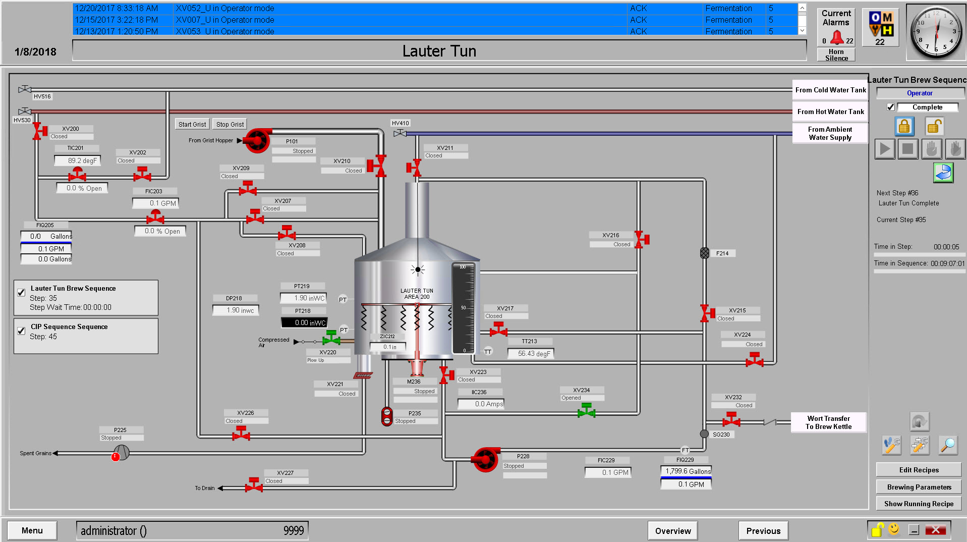 This screen depicts the level of automation and information available for the lauter tun sequence at O&rsquo;Fallon Brewery located in Maryland Heights, Missouri.