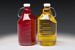 New 2-L SureHandle bottle on the right, filled with edible oil. Original 64-oz on the left.
