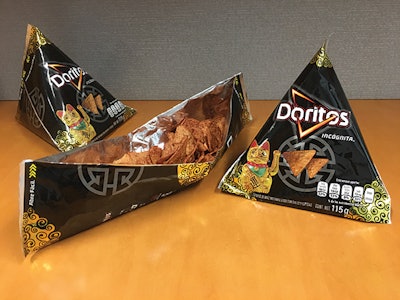The tetrahedron or triangular pyramid pack is similar in shape to the Doritos snack itself. It opens into a snacking tray to enable product sharing.