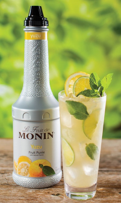 Monin purees are available in 1-L, silver-colored, HDPE bottles that feature a long, textured, neck. The bottle's function has been further enhanced with a patented 43-mm polypropylene dispensing closure.