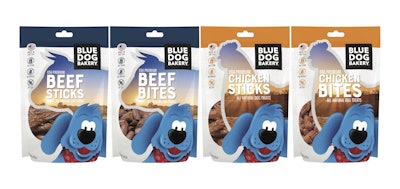 A group shot of Blue Dog Bakery's four 7.8-oz pet treats.