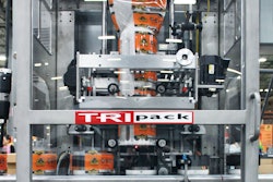 The continuous sleeve is metered, then cut to length on the fly, at a standard running rate of 80/min.