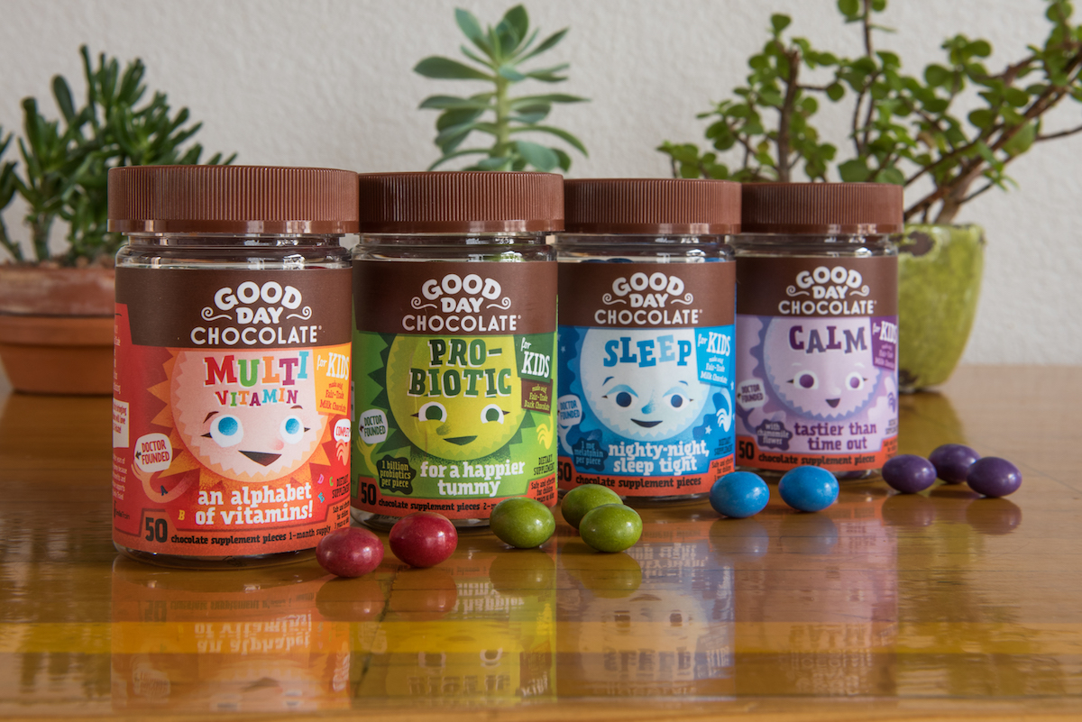 Good Day Chocolate introduces children&rsquo;s supplements, using playful, smiling graphics for this &lsquo;chocolate delivery system.&rsquo;