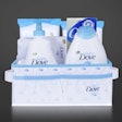 The custom-made gift basket holds a number of baby bath products as well as a winged, dove-shaped towel.