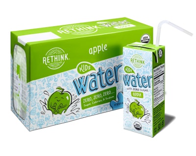Rethink Water's 300-mL containers are sold in eight-count cartons, as shown here, and in corrugated cases.