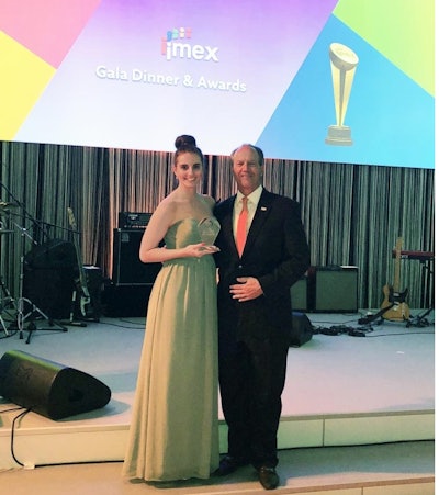 Krista DeBrosse, international trade show coordinator, PMMI accepted the honor of the IAEE’s International Excellence Award on PMMI’s behalf. Here she is with IAEE President and CEO David DuBois, CMP, CAE, FASAE, CTA.