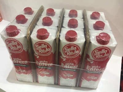 12-pack cases of capped 1-L milk cartons use inserted corrugated in a shrink bundle instead of a corrugated case.