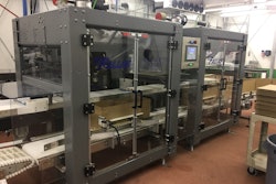 The case packer uses two cells, each with a delta robot that together operate at speeds to 120 packs/min.