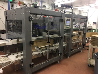 The case packer uses two cells, each with a delta robot that together operate at speeds to 120 packs/min.