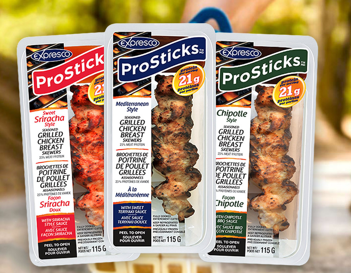 ProSticks are packaged in a 4-oz thermoform that holds two skewers and a dipping sauce.