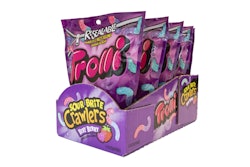 Trolli gummy candy is packaged in stand-up pouches case-packed in the Cabrio Case retail-ready package.