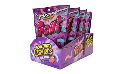Trolli gummy candy is packaged in stand-up pouches case-packed in the Cabrio Case retail-ready package.