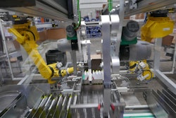 The HFP (Highly Flexible Packer) Twin case-packing system uses two six-axis robots to move the cases, rather than the products.