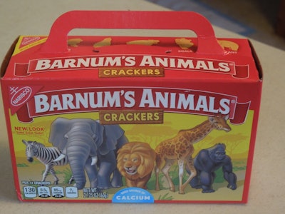 Under pressure from PETA, Mondelēz International’s Nabisco-brand Barnum’s Animals Crackers box ditches the circus boxcar graphics and delivers a more contemporary look.