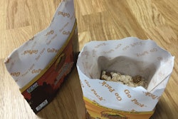 In its collapsed state (left), the GoPack is slender enough to fit easily into brief case or purse. But when popped open (right), the package becomes a squared-off bowl.