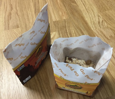 In its collapsed state (left), the GoPack is slender enough to fit easily into brief case or purse. But when popped open (right), the package becomes a squared-off bowl.