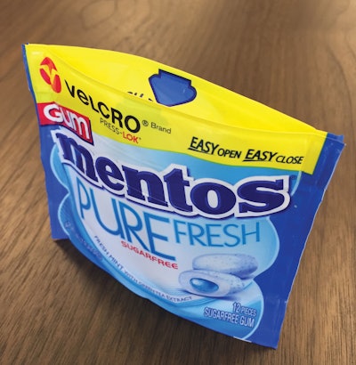 The 12-count Mentos Pure Fresh Gum Wallet represents a collaborative effort by the brand owner, a film vendor, a maker of vf/f/s equipment, and a supplier of a unique reclosure feature.