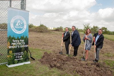 Tetra Pak leadership break ground on a new solar array at the company’s Denton, Texas, campus. Pictured (left to right): Adolfo Orive – vice president, Tetra Pak Americas; Jason Pelz – vice president of circular economy, Tetra Pak Americas & Southeast Asia and Oceania; Carmen Becker – president and CEO, Tetra Pak U.S. & Canada; Charles Posey – vice president or supply.
