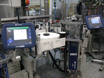 Integrated into each unwind stand of the pressure-sensitive labeler is a laser printer that receives unique serial numbers from the serialization system and prints those numbers into a 2D Data Matrix code.