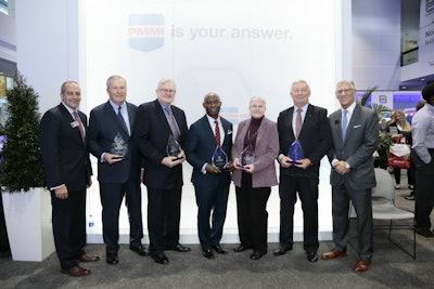 Jim Pittas, president and CEO of PMMI (left), and Joe Angel, president of PMMI Media Group (right), honor the 2018 Hall of Fame Class (second from left to right) Chuck Yuska, Timothy Bohrer, Michael Okoroafor, Susan Selke and Keith Pearson.