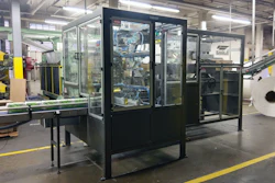 The case packer handles up to four cases per minute, which equates to 30 napkin packs per minute at 500 napkins per pack.