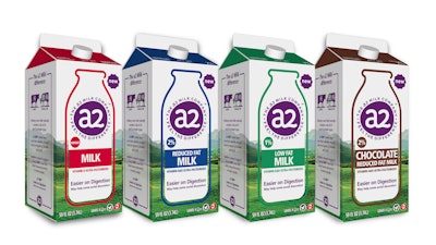 Paperboard cartons help Australian firm expand its four milk varieties across the U.S., with graphics describing how using only the A2 protein may help alleviate the stomach discomfort some people experience when drinking milk.