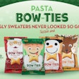 The pasta chip packaging matches an ugly holiday sweater from Tipsy Elves.