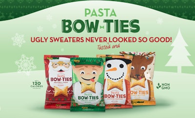 The pasta chip packaging matches an ugly holiday sweater from Tipsy Elves.