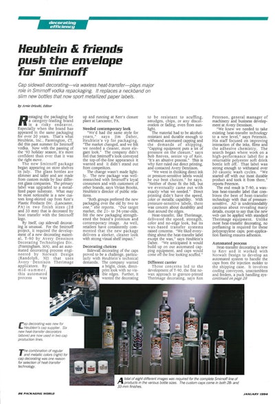 January 1994 Packaging World article on a Smirnoff bottle and closure redesign.