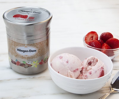 A metal container for Häagen-Dazs ice cream keeps contents frozen.