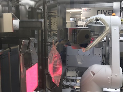 A close-up of the RIVA machine that produces bags for three Mission Health products; two in 500-mL sizes and a third in a 100-mL offering.