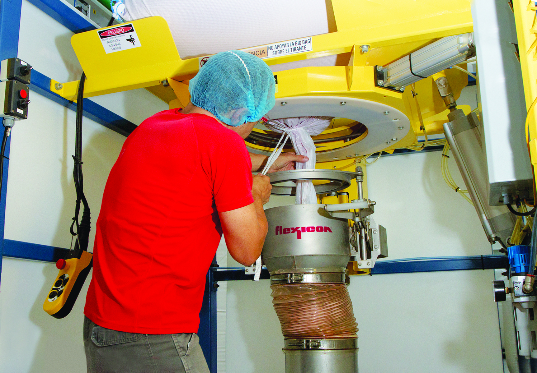 The Power-Cincher flow control valve features four elliptically contoured bars that cinch the bag spout concentrically, enabling partially emptied bulk bags to be retied and removed dust free. Photo courtesy of Flexicon.