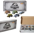 Instead of Jurassic World™ individual cars sold in stores from blister card displays, Mattel offers up unique package for e-commerce—all five cars bundled and held in a “dinosaur cage” complete with raptor claws printed graphics.