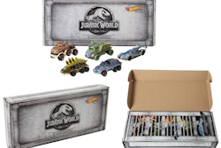 Instead of Jurassic World™ individual cars sold in stores from blister card displays, Mattel offers up unique package for e-commerce—all five cars bundled and held in a “dinosaur cage” complete with raptor claws printed graphics.